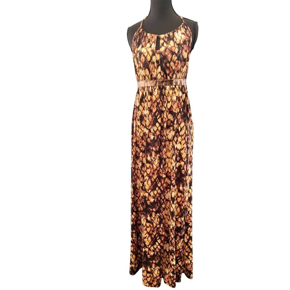 2b bebe Maxi Dress Womens XL Brown Snakeskin Halter Empire Waist Metallic Band